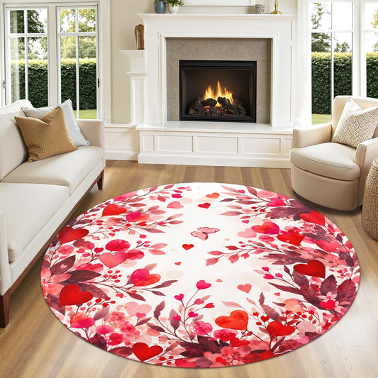 Valentines Day Round Area Rug 5ft Machine Washable Non (Love-floral Leaf / 5' (Round))
