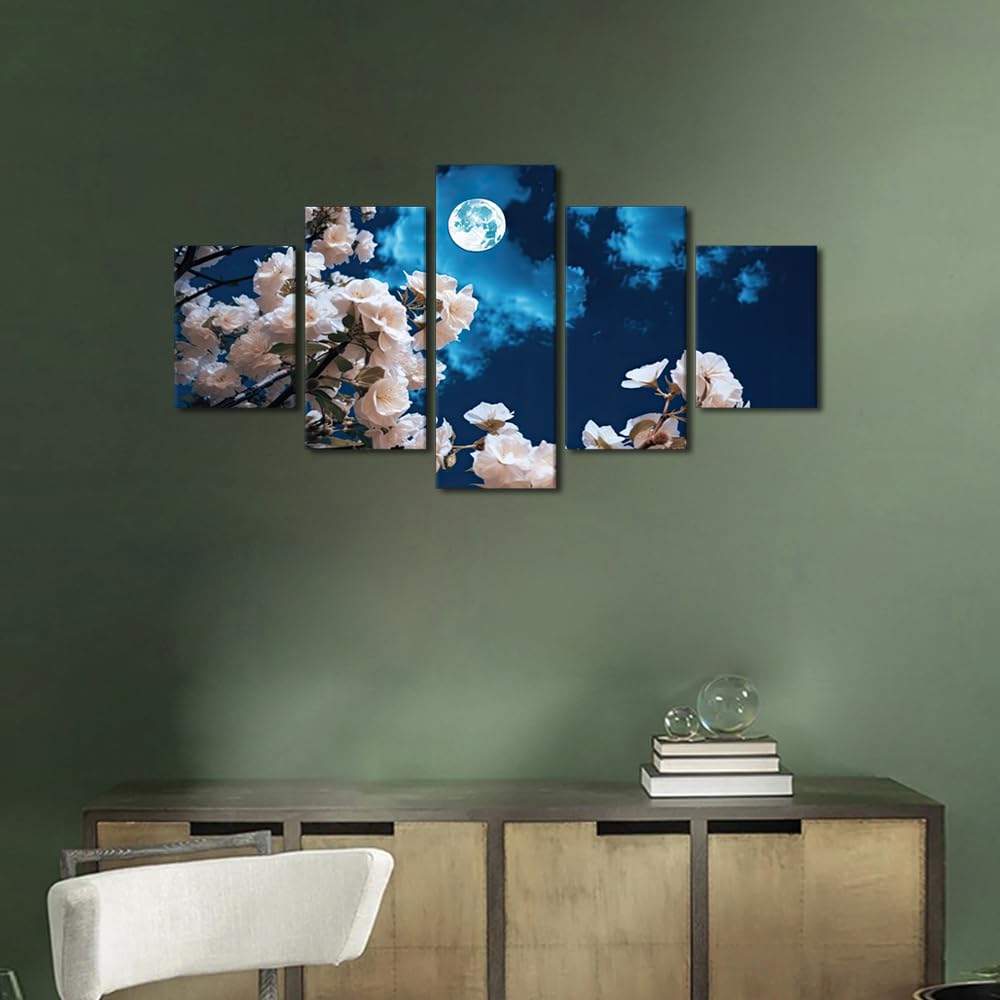 Wall Art Canvas Print Blooming Sakura With Giant Moon Landscape Framed Artwork Spring Floral Decor Modern Home Office Decoration Five Panel Design Ready To Hang 60"Wx32"H (60''Wx32''H / Artwork-03)