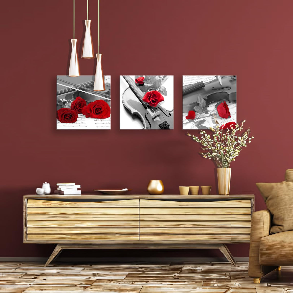 Canvas Print 3 Pcs Black and White Red Rose Canvas Art Painting Abstract Wall Art Decorations Flower Picture on Canvas for Home Decor Stretched and Framed (14 x 14 inches (3-Piece Set) / Violin and Rose)