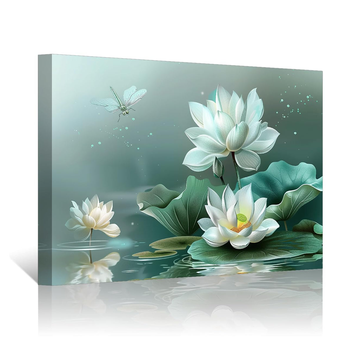 Zen Bathroom Decor Water Lily Wall Art Lotus Flower and Teal Dragonfly Canvas Prints White Floral in Water Picture Wall Decor for Meditation Spa Room (Zen - 3 / 24L" x 36W")