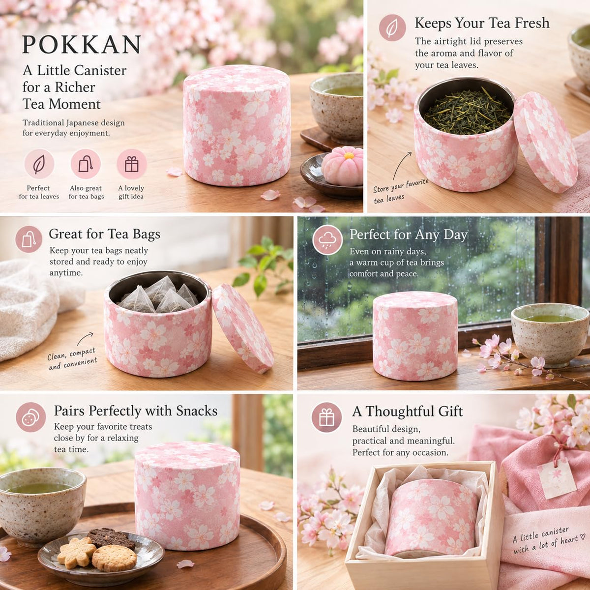 Japanese Pokkan Matcha Coffee Spice Tea Tin Canister Washi Paper Storage with Lid 7.05 oz Capacity (Natsuhana)