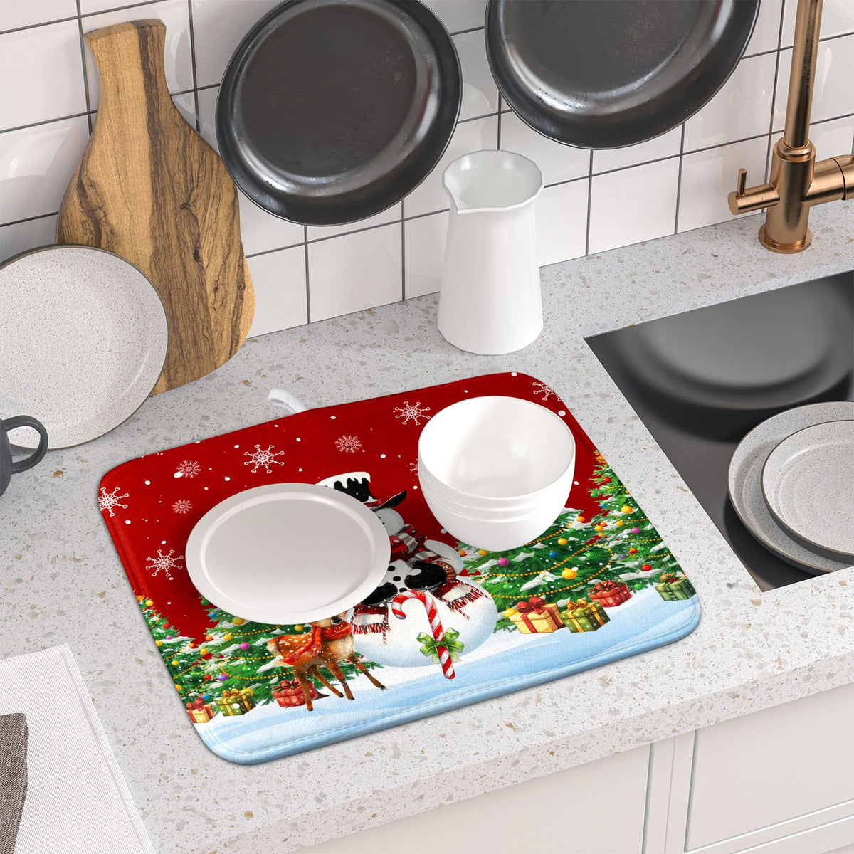 Christmas Snowman Dish Drying Mat for Kitchen Counter (Christmas / 16" x 18")