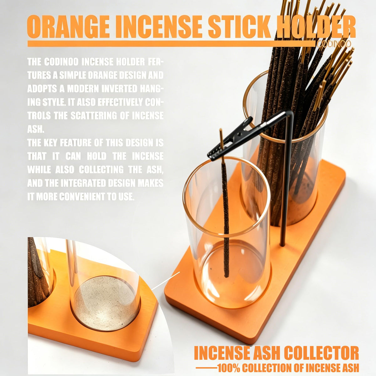 2 in 1 Incense Holder for Sticks Incense Burner Holder with Storage (Orange / 2 tall glass)