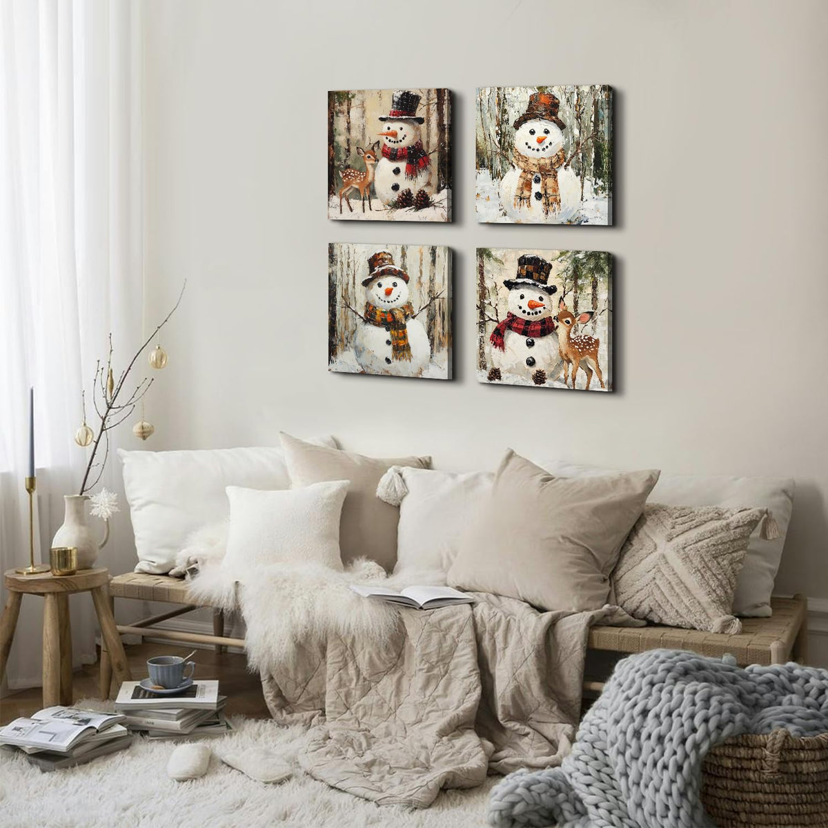 Christmas Snowman Canvas Wall Art Winter Holiday Home Decor Abstract Watercolor Snow Forest Pictures for Bathroom Vintage Snowman Deer Painting Prints Posters Decorations Artwork Framed 12x12" 4Pcs (12"L x 12"W / Snowman)