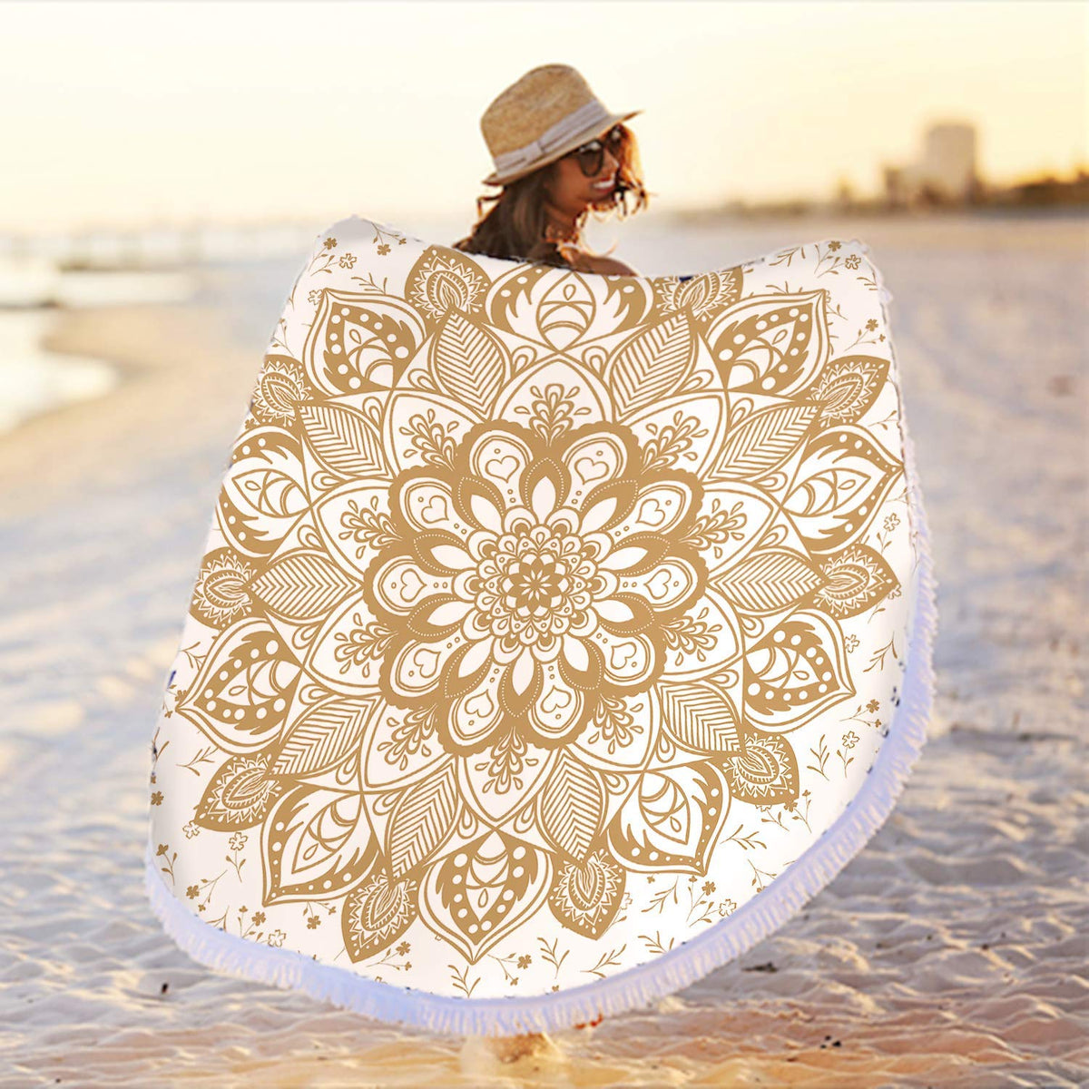 Oversized Round Gold Yellow Mandala Beach Towel Blanket (Yellow Golden Beige Mandala)