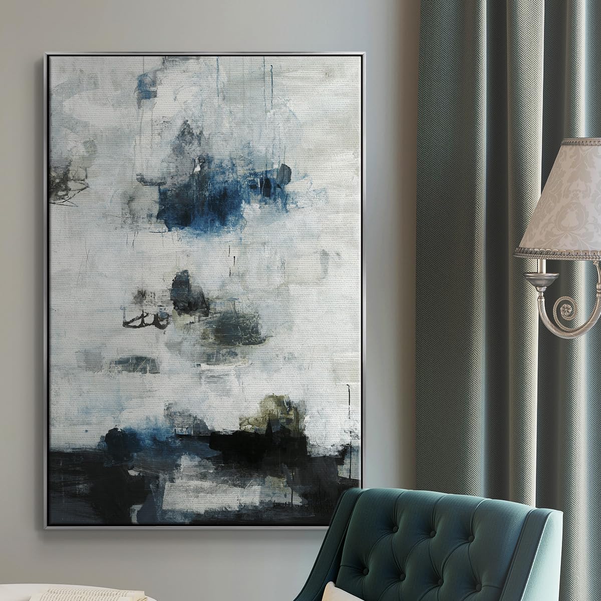 Canvas Wall Art Silver Floater Frame Prints Rustic Black & Blue Abstract Contemporary Paintings for Office Kitchen Hotel Decorations (41"L x 27"W / Black & Blue)