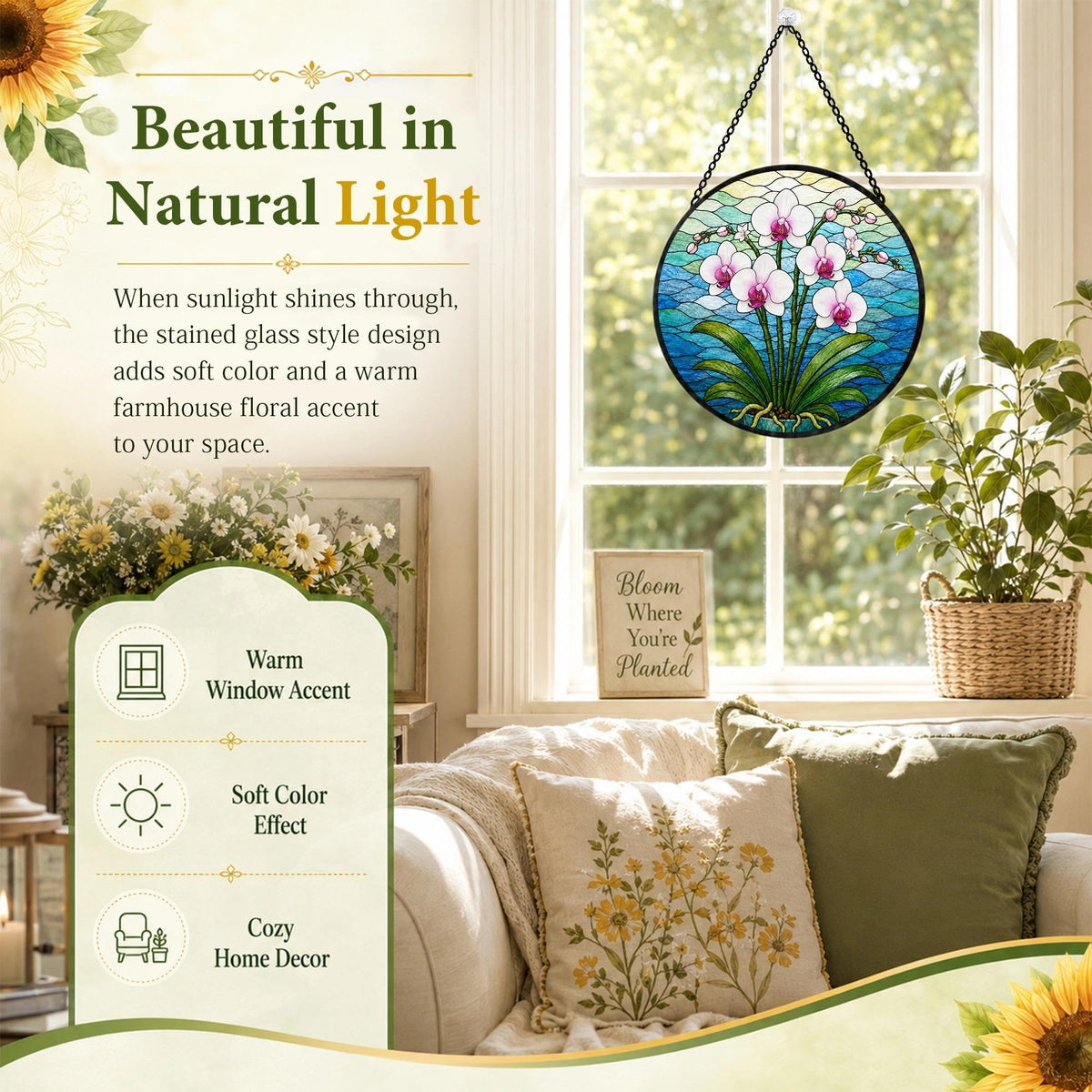 Orchid Suncatcher Stained Glass Window Hanging Orchid Gifts for Women Christmas White Orchid Decor Elegant Floral Sun Catcher Home 6.3 in (Orchid / 6.3 x 6.3 IN)