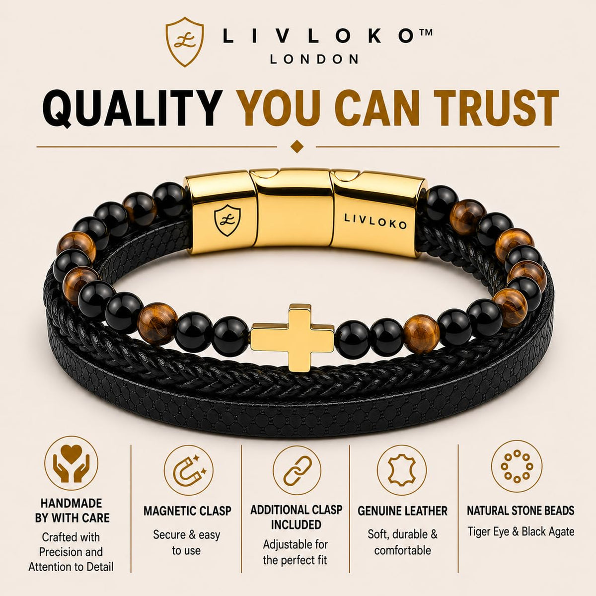 Mens Bracelet Leather Black Multi (E. Black Brown Tiger-Eye Cross Adjustable / 8.75 IN)