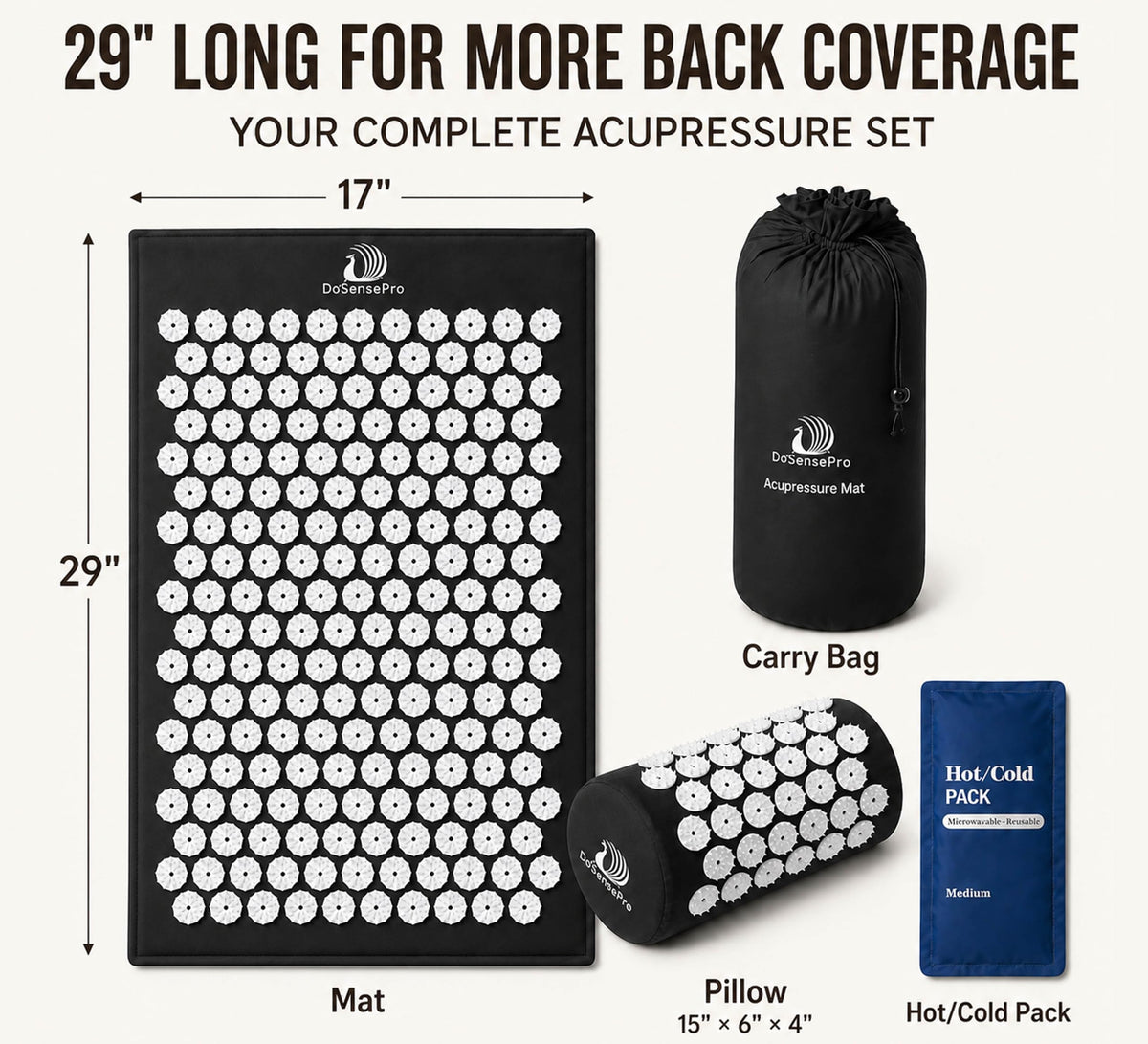 Acupressure Mat & Pillow Set 29" Long (Black)