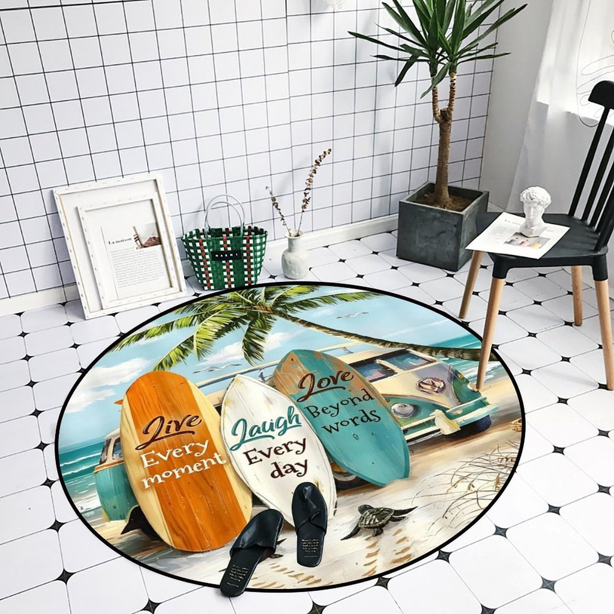 Round Area Rugs 4 FT Washable Non Slip Circle Rug (Summer Coastal Beach Palm Leaf Surfboard / 4' (Round))