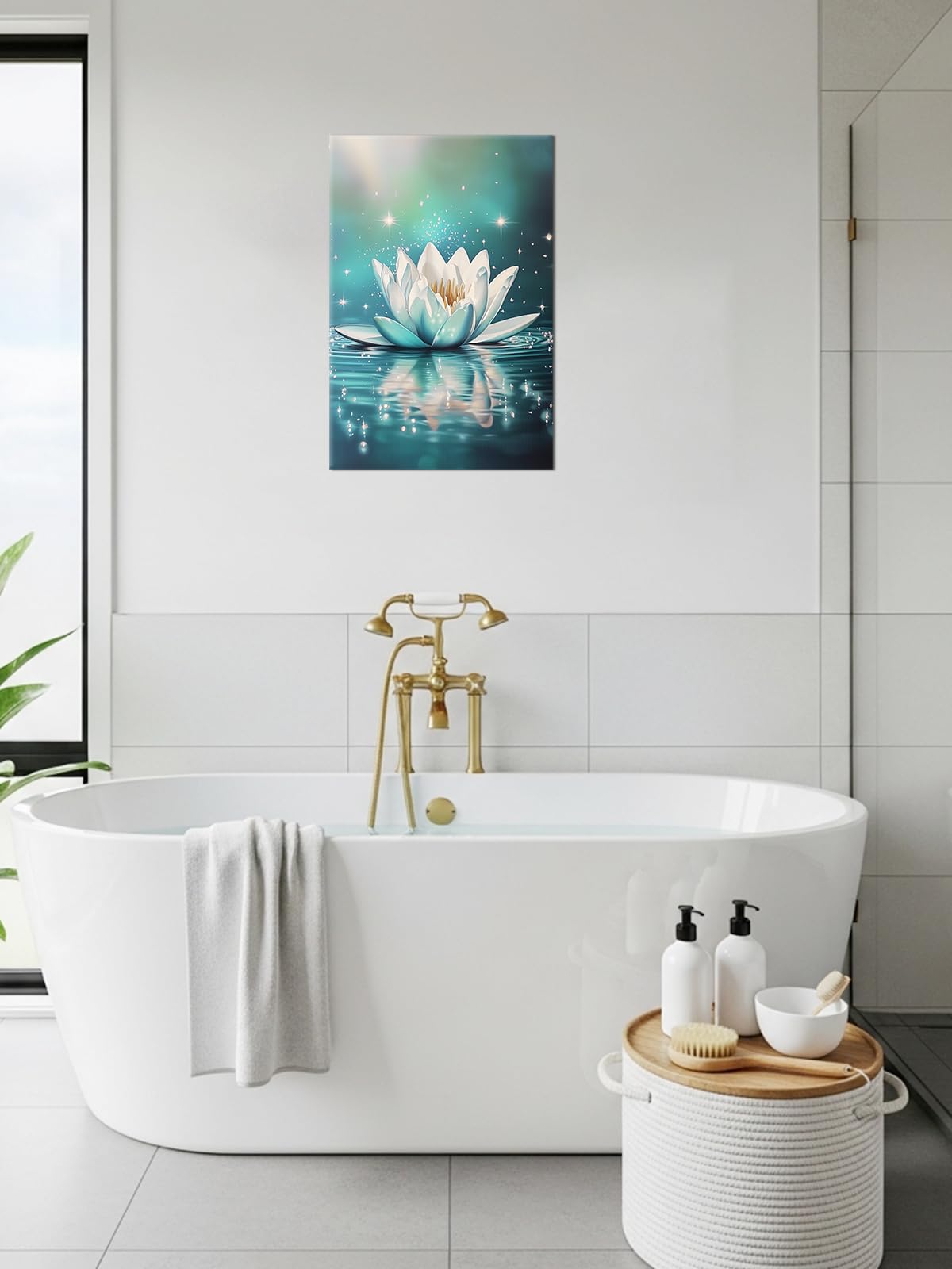 Lotus Flower Wall Art Zen Bathroom Decor Teal Picture Lotus Water Calm Canvas Prints Meditation Painting Modern Spiritual Poster for Yoga Spa Room Office Decor Framed (A-Teal / 24"L x 16"W)