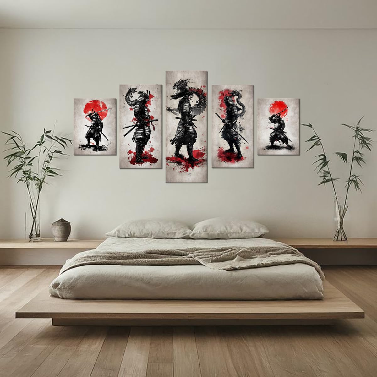 Japan Samurai Canvas Wall Art Japanese Style Full Moon Ninja Dragon Wall Decor Bushido Pictures Asian Posters Warrior Prints Paintings for Living Room Bedroom Home Decoration Framed 5 Piece (60"Wx32"H / Samurai 5P-4)