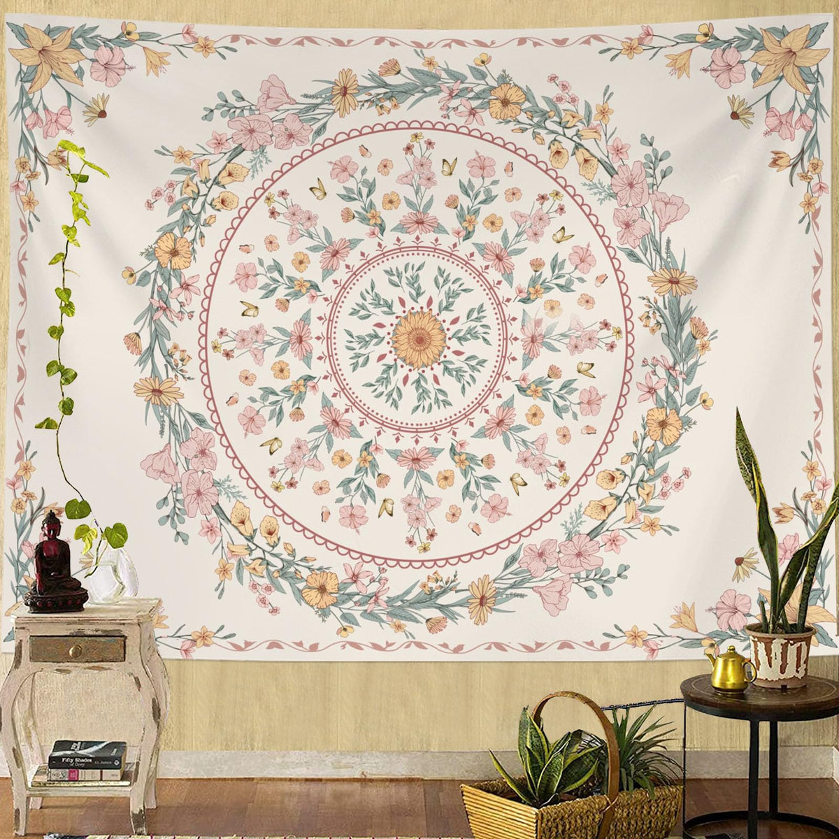 Bohemian Tapestry Wall Hanging (80"L x 60"W / WhiteWreath)