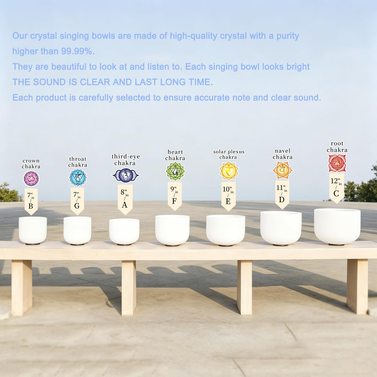 432Hz White Crystal Singing Bowls Set of 7PCS for Sound Meditation (7-12inch 432hz White 7pcs)