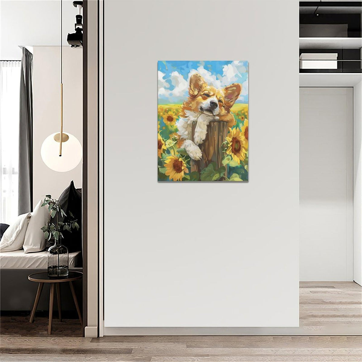 Dog Wall Art Country Sunflower Funny Corgi Pictures Wall Decor Farmhouse Canvas Painting Print Home Modern Artwork Decorations Framed for Bathroom Living Room Bedroom Office 12 x 16 inch (16"L x 12"W / Dog)