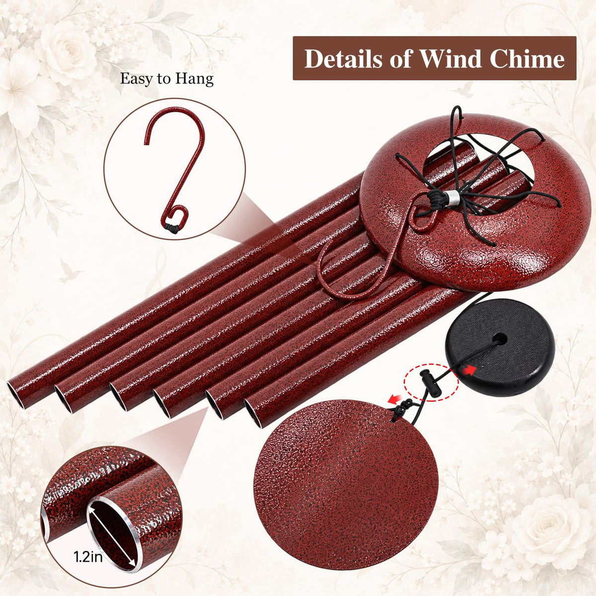 45 in Memorial Wind Chimes Large with 6 Heavy Tubes (45“Ruby Red)