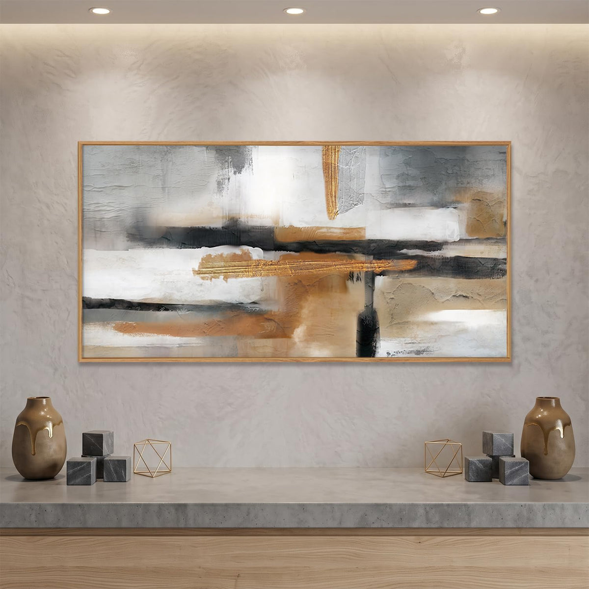 Modern Abstract Framed Canvas Wall Art Set (Gold and Gray Wall Art / 20"L x 40"W)