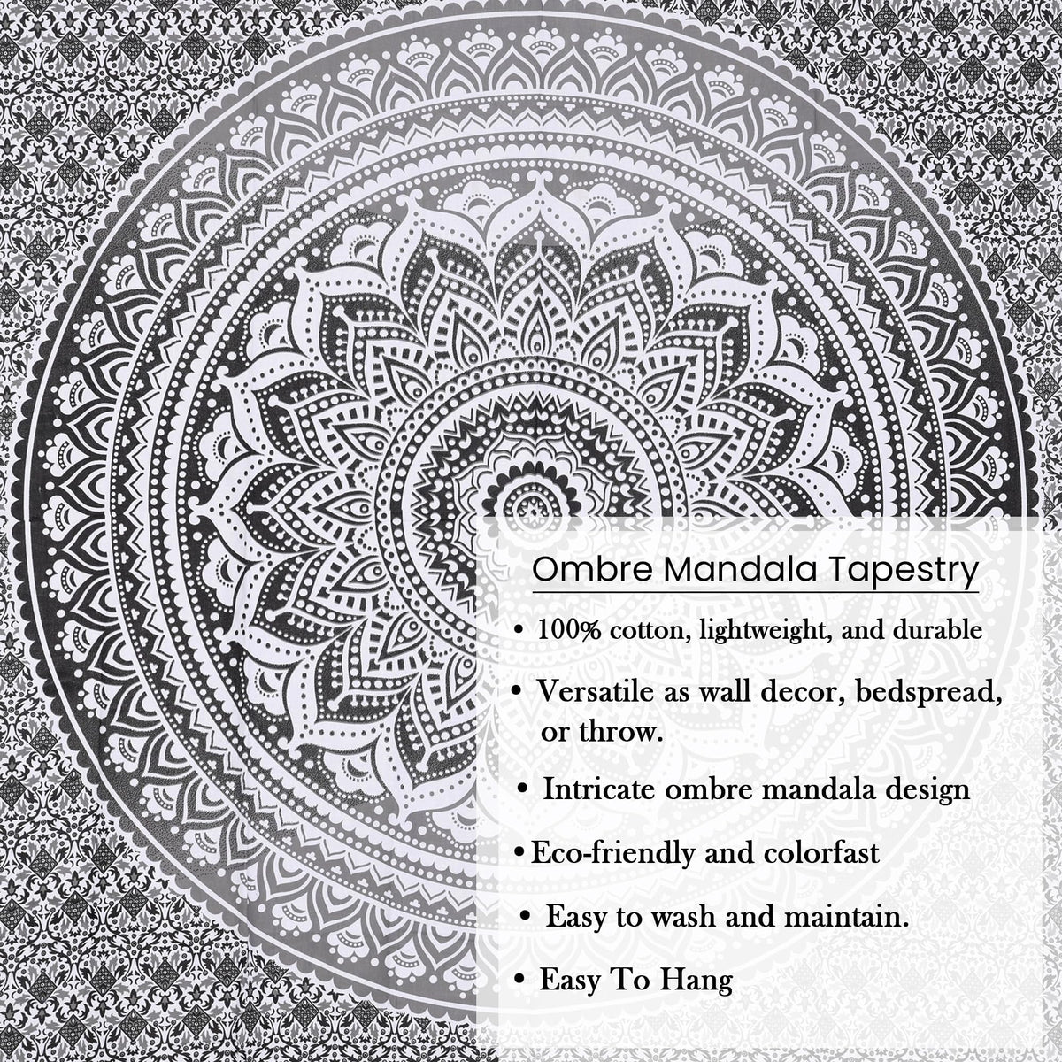 Grey Black Cotton Tapestry Mandala Wall Hanging (Grey and White / 30"L x 40"W)