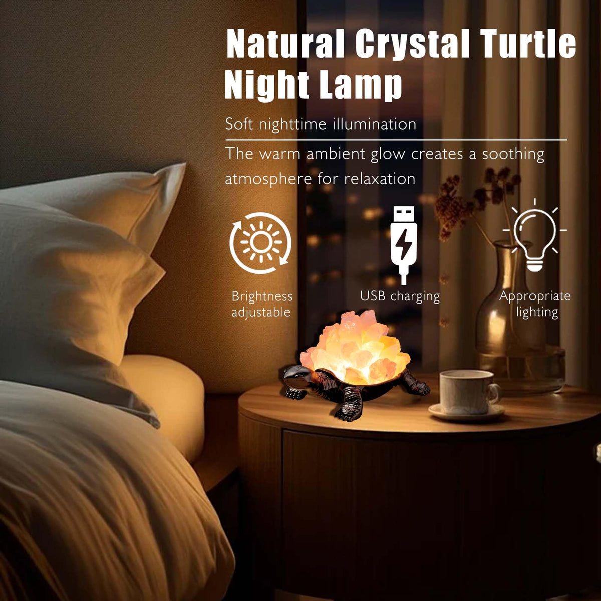Natural Rose Quartz Turtle Night Lamp Healing Crystal Bedroom Bedside Table Lamp USB Port Home Decor Women Men Gift (Pink)