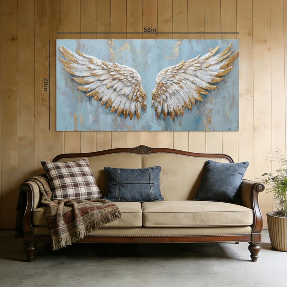 Angel Wings Canvas Wall Art Faux Gold Foil Light Blue Painting Flat Print Gallery Wrapped Spiritual Artwork for Living Room Bedroom Bathroom Decor (Retro / Angel Wings 32 / 40"L x 20"W)