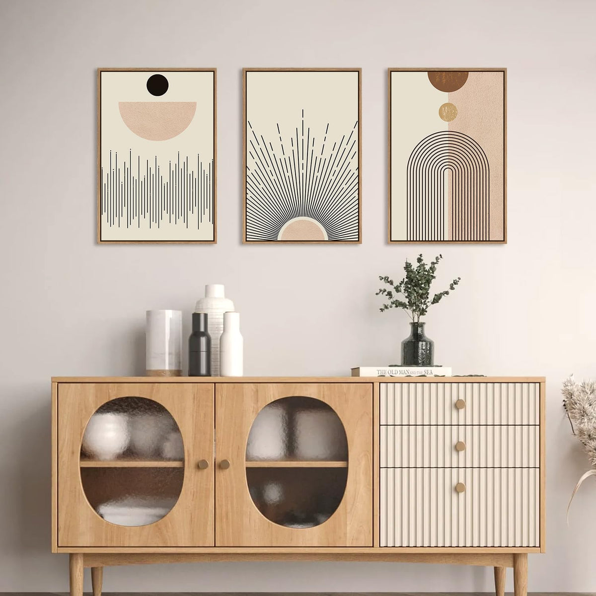 Large Abstract Boho Line Framed Canvas Wall Art Set (Boho Modern Line Wall Art / 16''x24''x3)