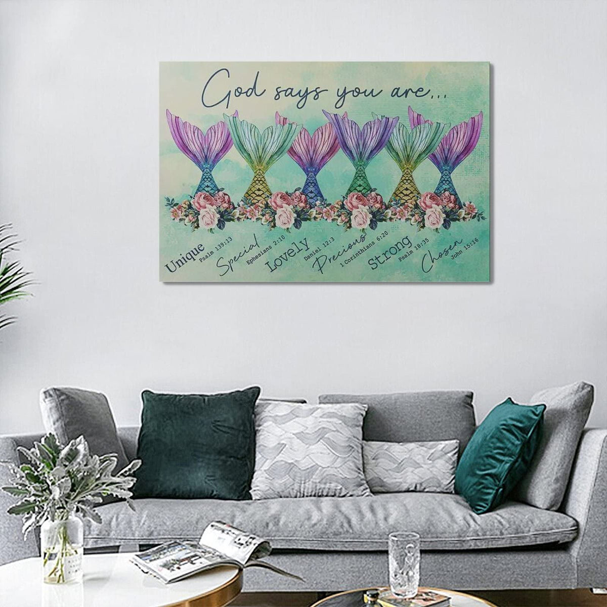 Mermaid Wall Art Little Girls Room Decor Canvas Prints Painting Teal Bathroom Bedroom Pictures Framed Artwork Gifts Office Home Decorations 24"x16" (24"L x 16"W / Colorful Mermaid Tail)