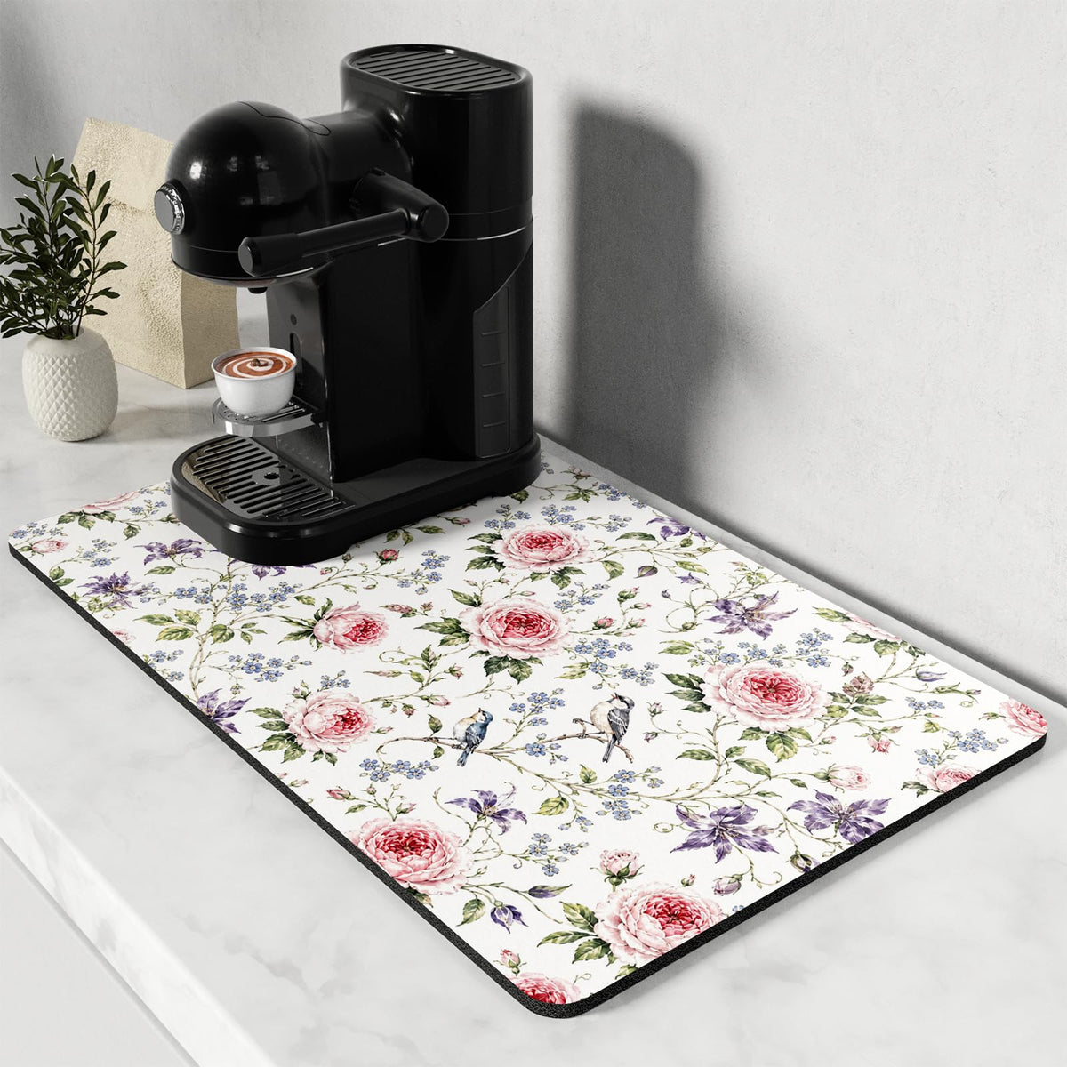 Coffee Mat 12" x 19" Coffee Bar Mats for Espresso Machine Station Accessories and Organizer (Watercolor Pink Rose / 12" x 19")