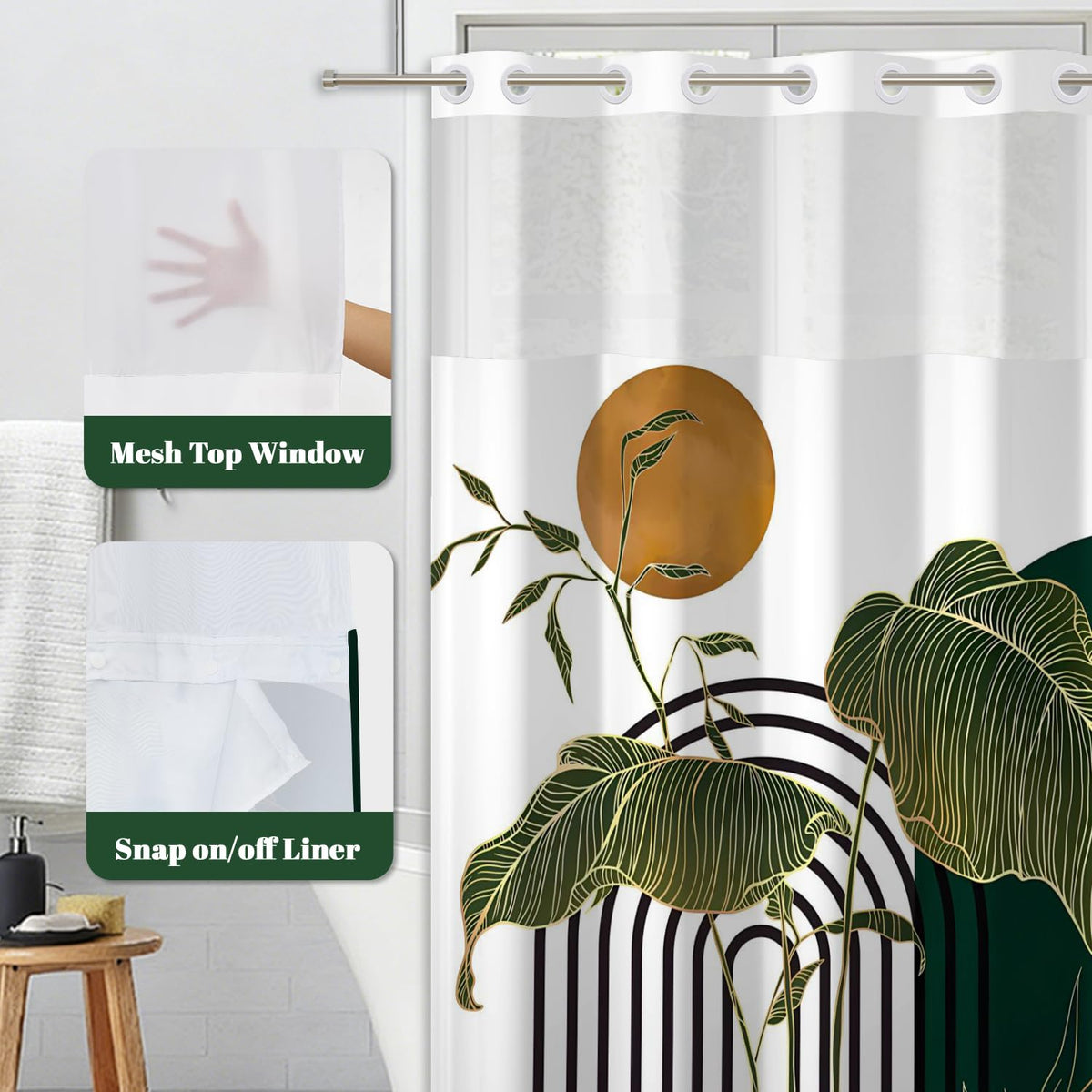Abstract Monstera Leaf Print Shower Curtain No Hooks with Liner (Boho Art)