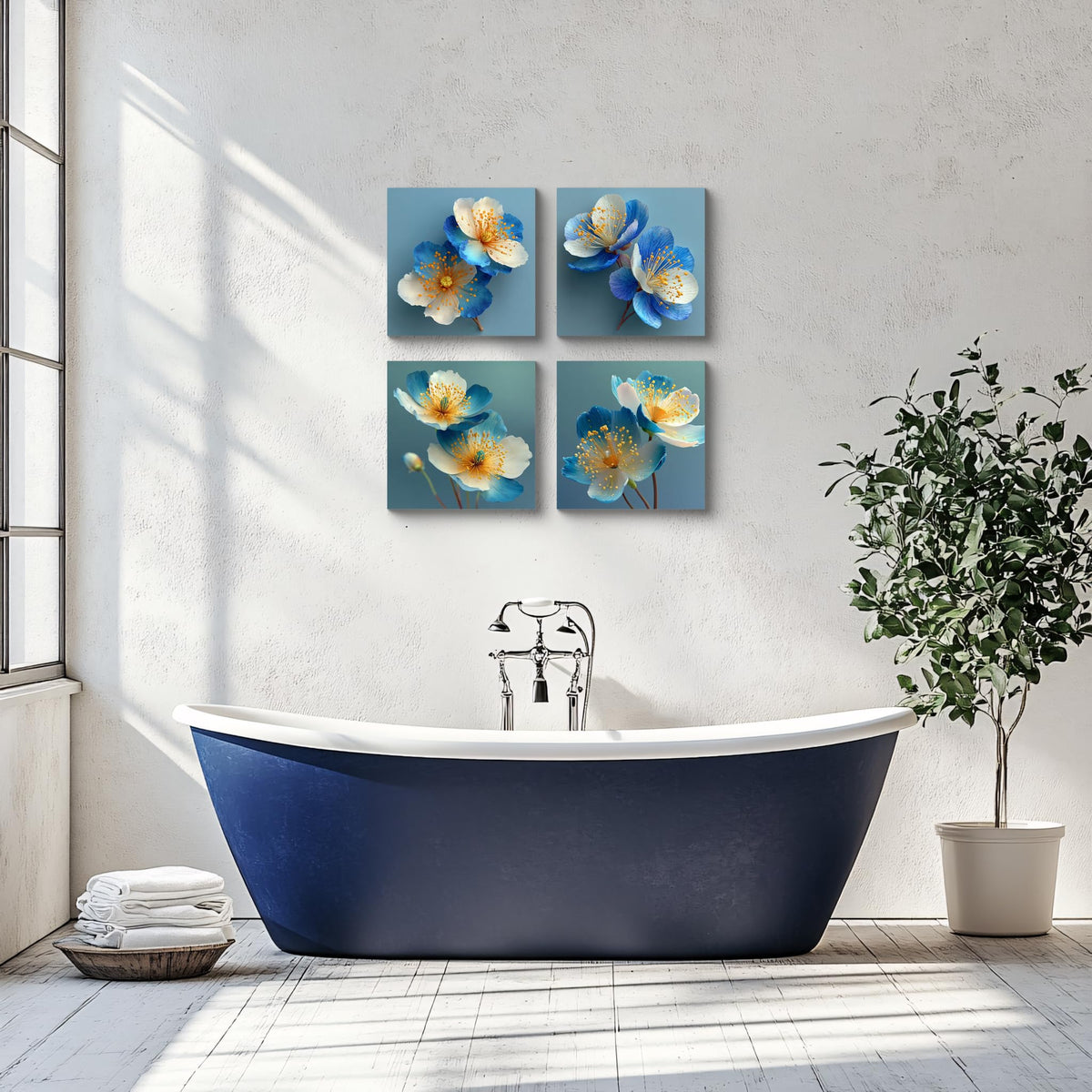 4PCS Blue White Flower Wall Art Canvas Print Yellow Stamens Modern Botanical Prints Elegant Watercolor Floral Artwork Minimalist Nature Illustration for Living Room Bedroom Office Home Decor (16X16inchX4 / Blue White Flower)