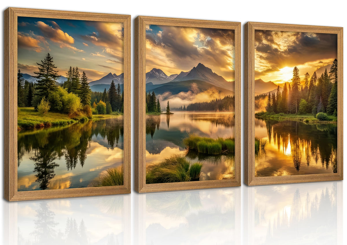 3Pcs Framed Mountain Lake Sunset Landscape Canvas Wall Art (Golden yellow / 16"L x 12"W)