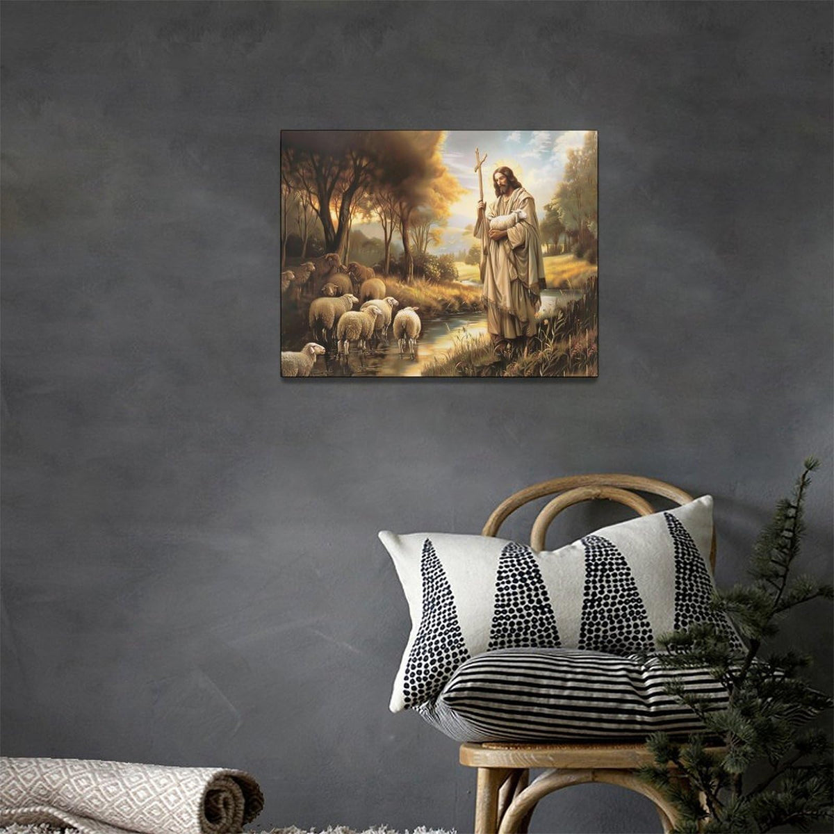 Jesus And Lamb Wall Decor Christian Pictures Vintage Jesus Christ Religious Canvas Wall Art God Lamb Painting Home Modern Artwork Framed for Church Living Room Bedroom Bathroom Office 16 x 12 inch (16"L x 12"W / Lamb Jesus)