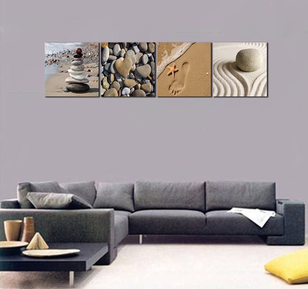 Canvas Prints Wall Art Romantic Beach Theme Zen Stone Pictures Paintings for Living Room Kitchen Home Decor Large Modern 4 Panels Stretched and Framed Seascape Sea Beach Artwork L (20x20inchx4pcs (50x50cmx4pcs))