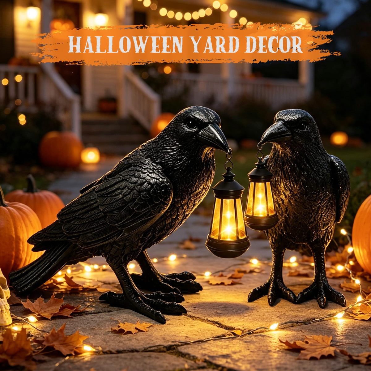 Halloween Crow Solar Garden Statue Outdoor Figurine Halloween Decoration (Black - Crow With Lantern)