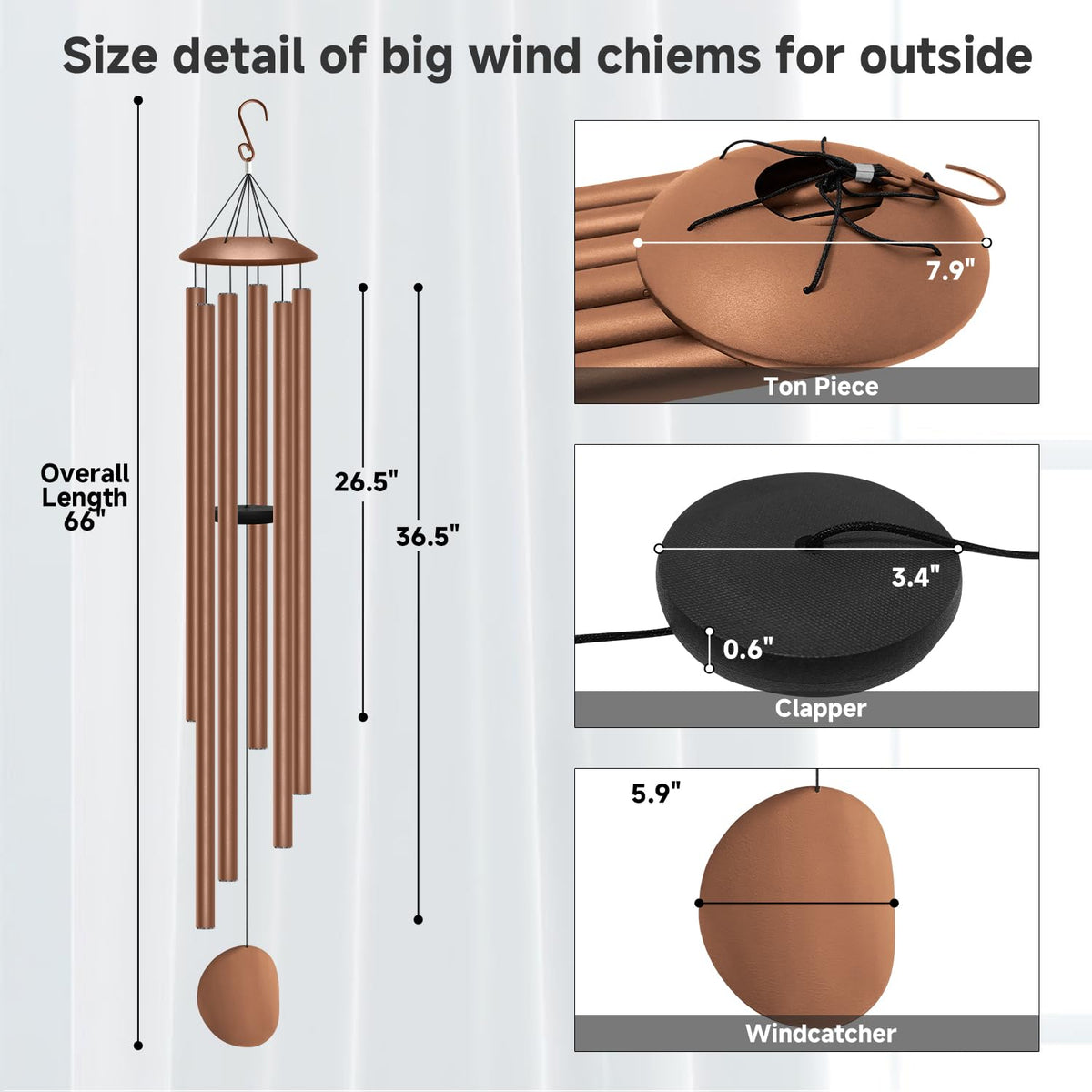 66" Extra Large Wind Chimes for Outside (Coffee Brown / 66")