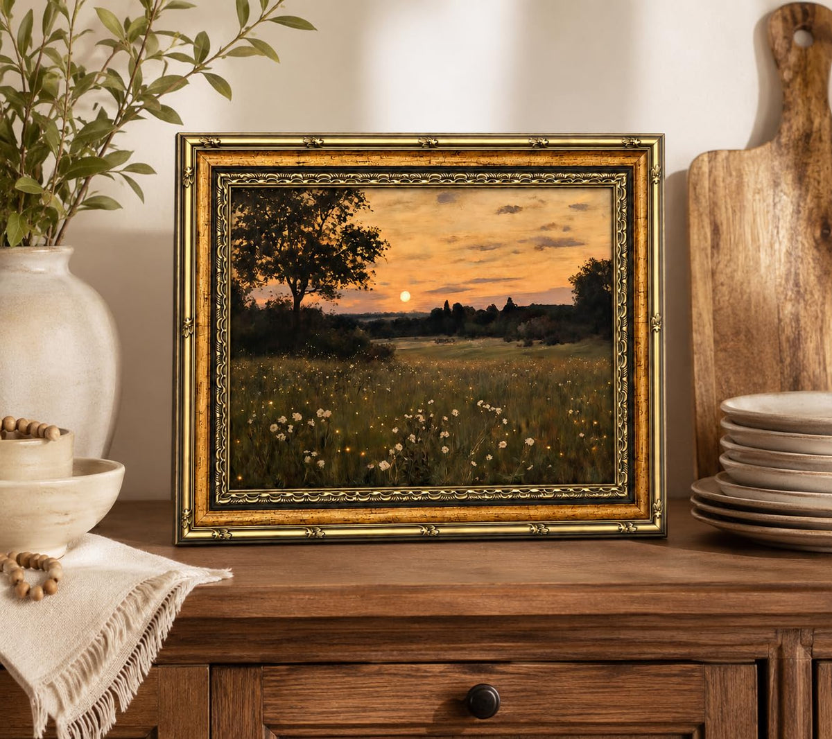 Framed Vintage Floral Wall Art Sunset Flower Field Canvas Print Poster Country Gallery Style Landscape Painting Living Room Bedroom Farmhouse Wall Decoration 8x10 Inches Ready To Hang Or Tabletop (Flowers - 10 / 8x10in)