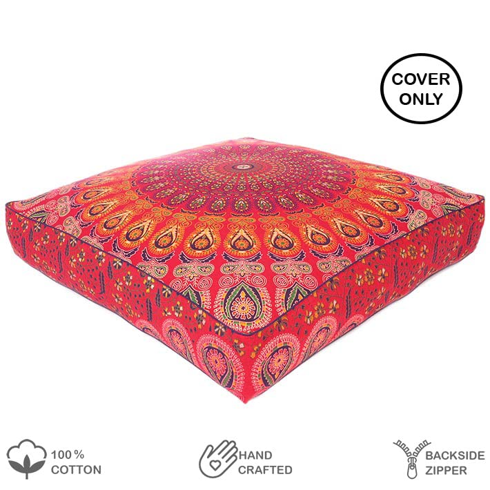 Mandala Floor Pillow Cover Meditation Cushion Seating Throw Hippie Round Colorful Decorative Bohemian Indian Pouf Ottoman Handmade Cover ONLY (35" x 35" (Pack of 1) / Red)