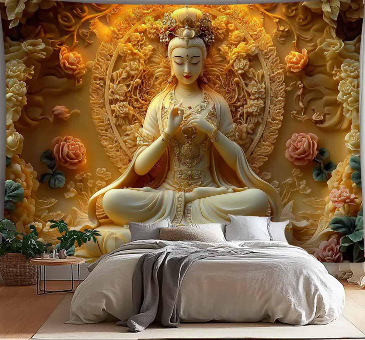 Sitting White Buddha Tapestry Wall Hanging Buddhist Statue With Flower Meditation Wall Decor Zen Art Psychedelic Indian Wall Blanket for Bedroom Living Room Home Decor (White / 59"L x 39"W)