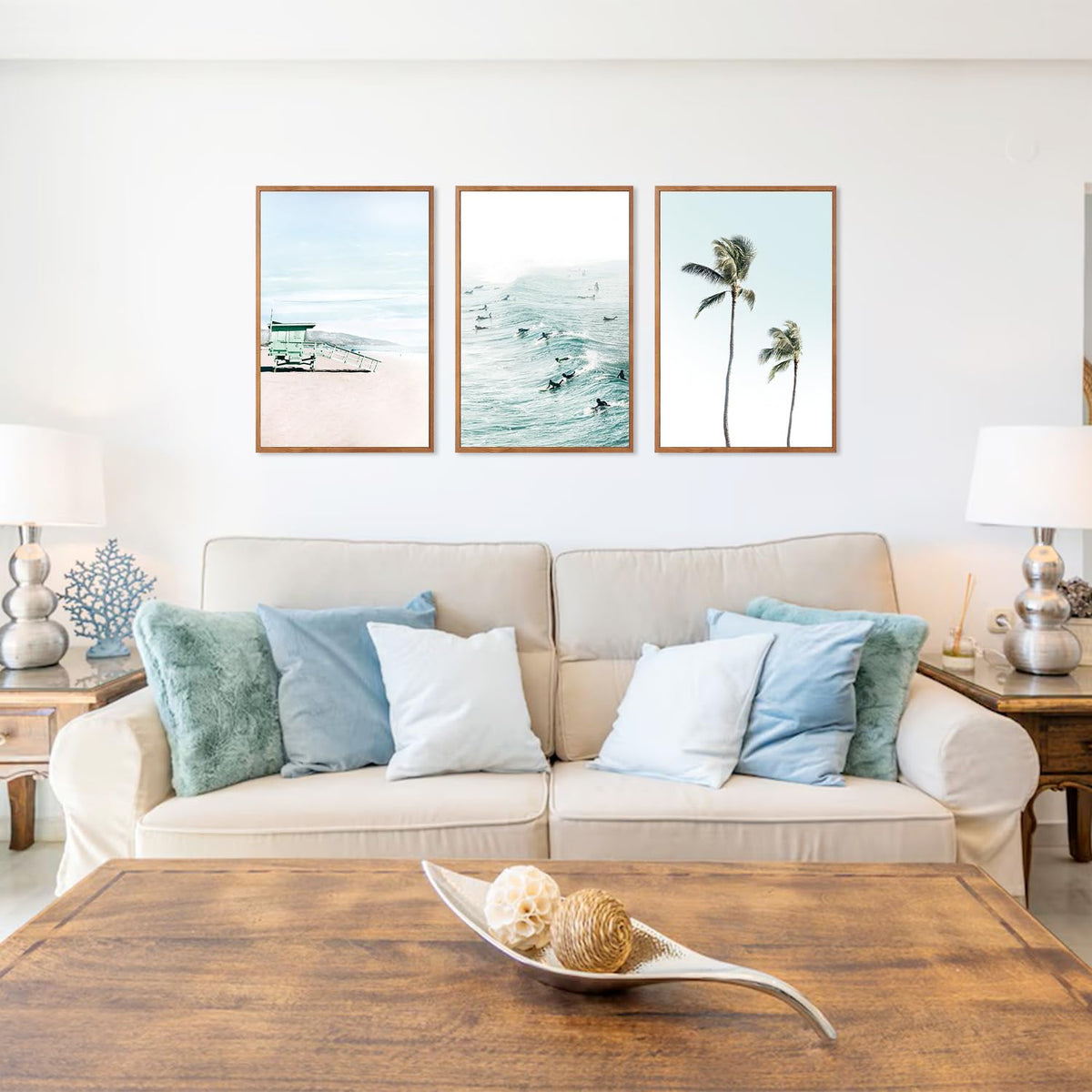 Coastal Beach Framed Wall Art Tropical Palm Tree Ocean Surfing Decor (Ocean / 16"L x 24"W)