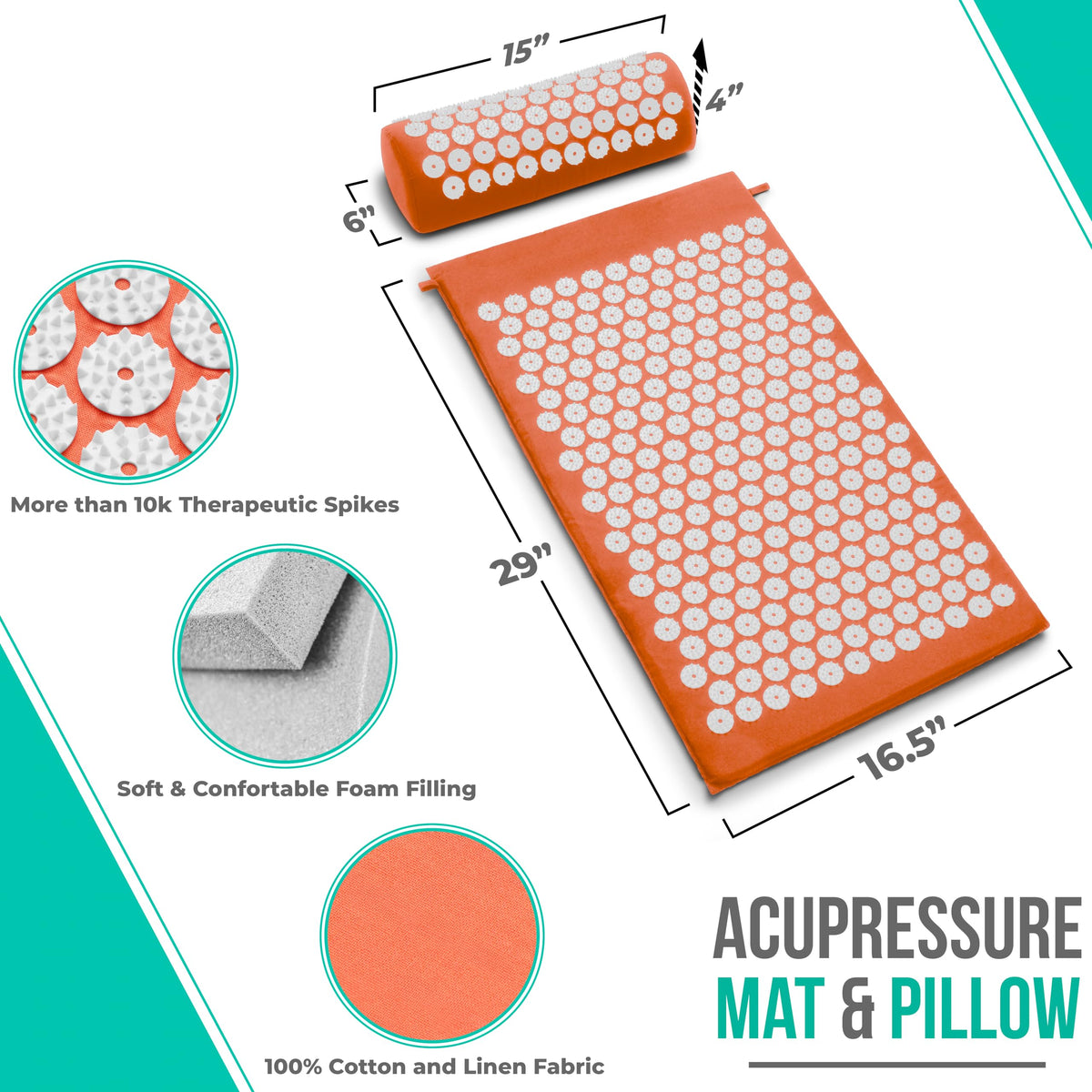 Sivan Acupressure Mat & Pillow Set for Back & Neck (Orange/White / Large)