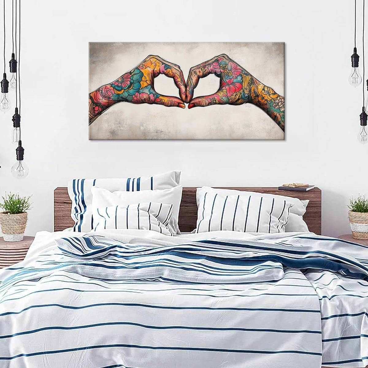 Colorful Two Tattooed Hands Heart Shape Wall Art for Living Room Office Romantic Gesture Contemporary Painting Prints Modern Canvas Artwork Dining Bedroom Decor Extra Large (Contemporary / Colorful TwoTattooed Hands Wall Art / 58"L x 28"W)