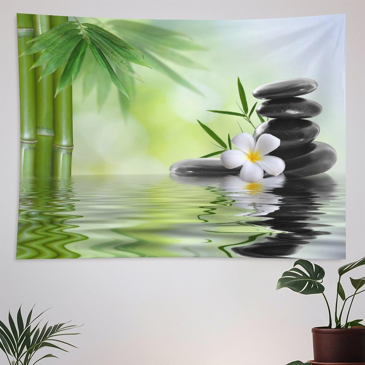 Zen Garden Tapestry Wall Hanging Spa Green Bamboo Black Stone White Flower Tapestries Home Decor for Living Room Bedroom Farmhouse Apartment Dorm 60"x80" (60"L x 80"W / Zen-18)