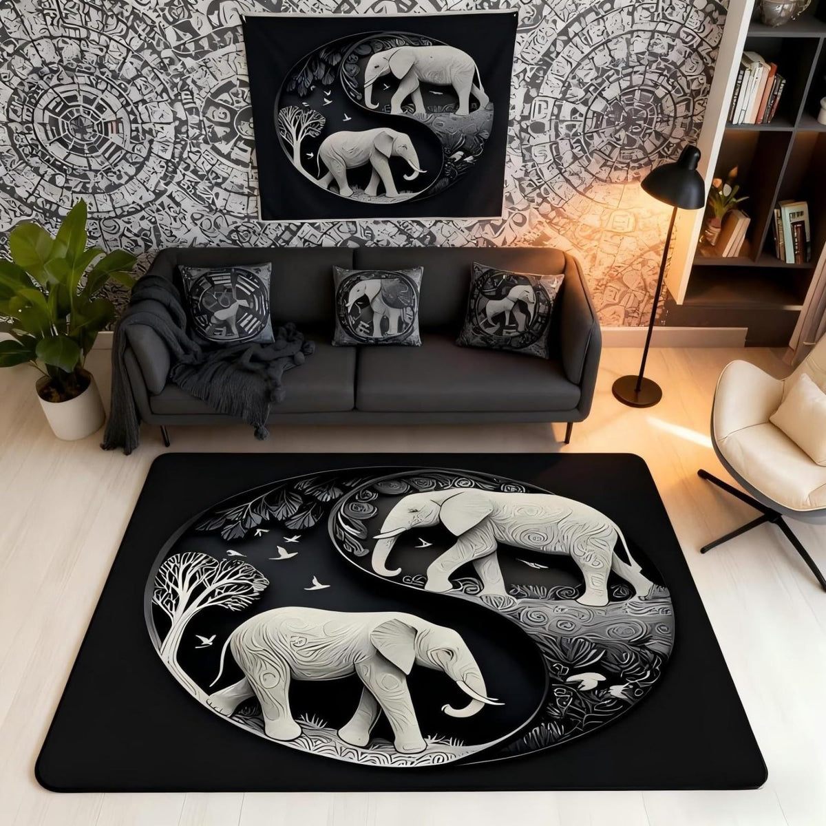 Elephant Large Area Rug 5x7 Bohemian Style Living Room Rug (Black Grey Beige / 4'11" x 6'6" (Rectangular))