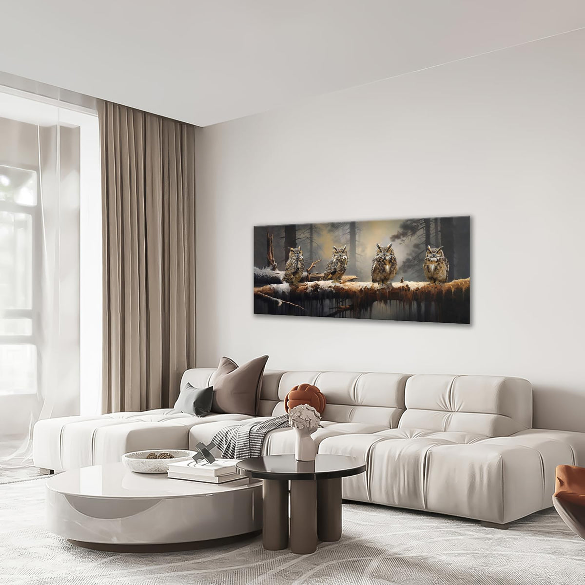 Owl Wall Art Four Owls On The Branch Pictures Large Wall Decor Misty Forest Animals Canvas Print Painting Home Bird Decoration Modern Framed Artwork for Living Room Bedroom Office Home 60"x30" (60"L x 30"W / Four Owls on The Branch)