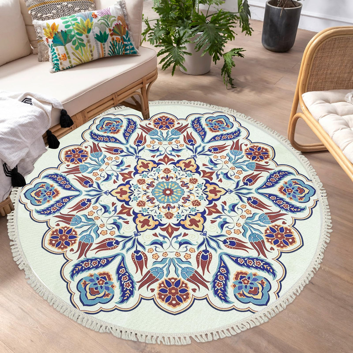Round Floral 4Ft Boho Farmhouse Rug Circle Bohemian Bedroom Nonskid Decorative Rug with Tassels Washable Entrance Doormat Hallway Throw Carpet (Red/Blue / 4' (Round))