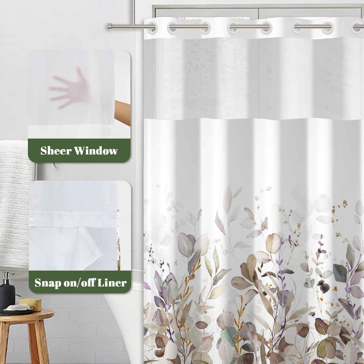 No Hook Shower Curtain with Snap in Liner Set (Botanical-3)