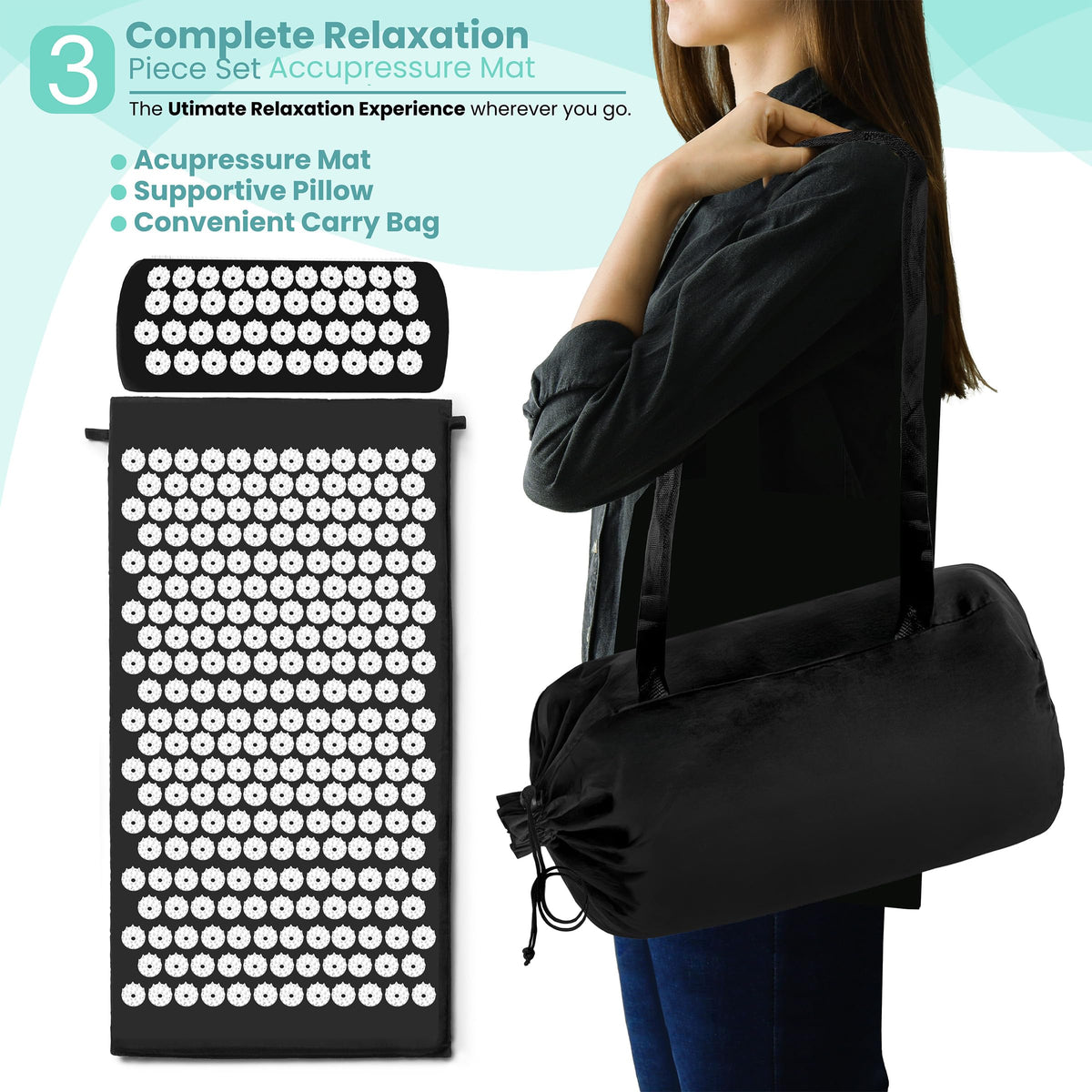 Sivan Acupressure Mat & Pillow Set for Back & Neck (Black/White / Large)