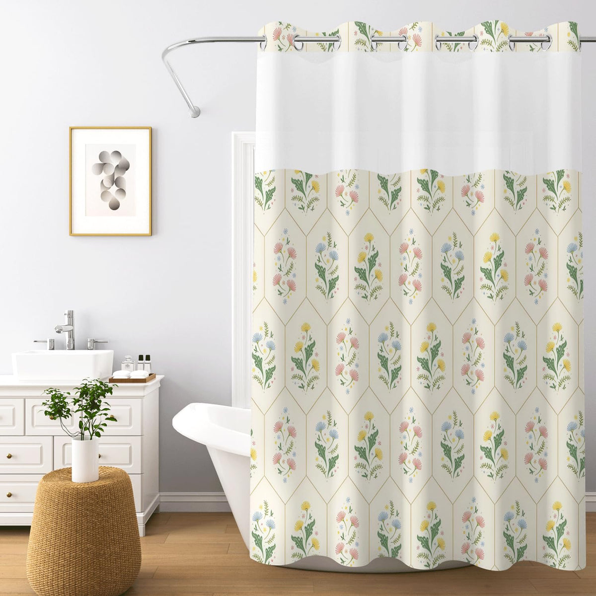 Cottage Core Shower Curtain with Snap in Liner (Delicate Floral)