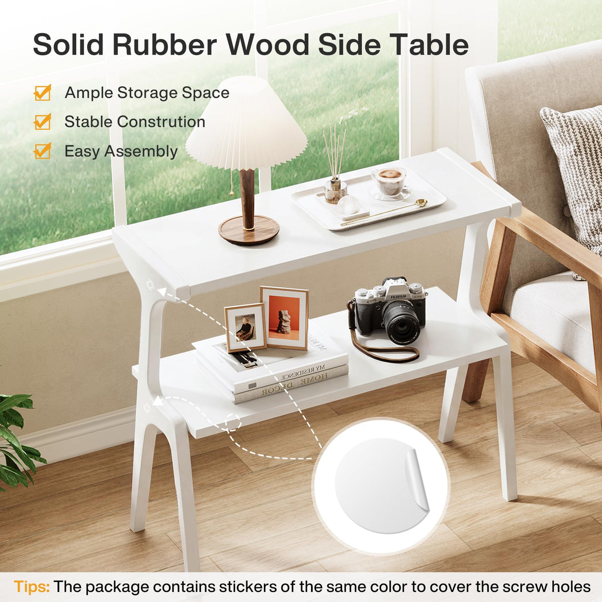 Set of 2 Solid Wood End Table (White)
