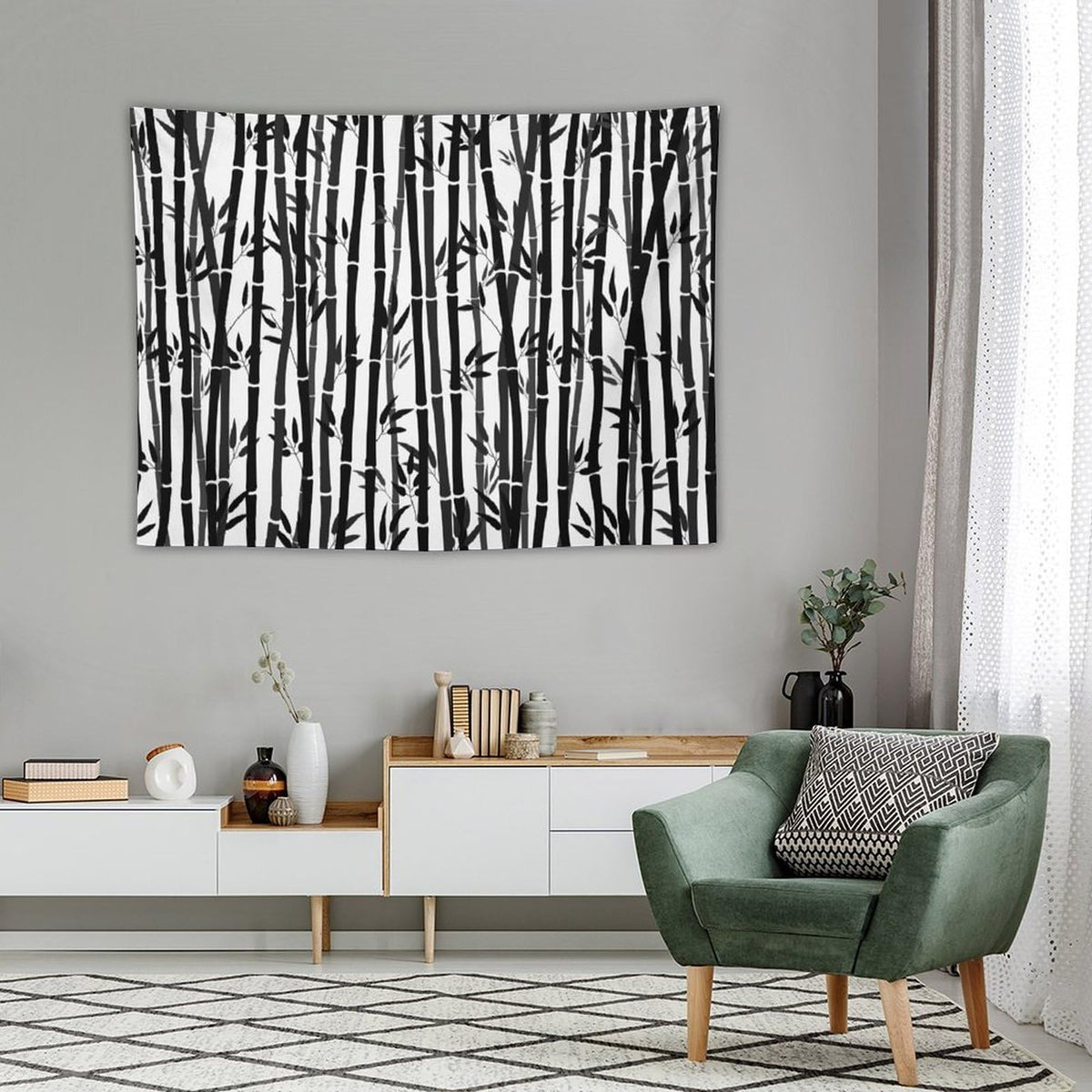 Asian Bamboo Tapestry Wall Hanging Leaves Tree Black and White Silhouette Nature Woods Bamboo Stems Tapestries Home Decor for Living Room Bedroom Apartment Farmhouse Dorm 30"x40" (30"L x 40"W / Bamboo-9)