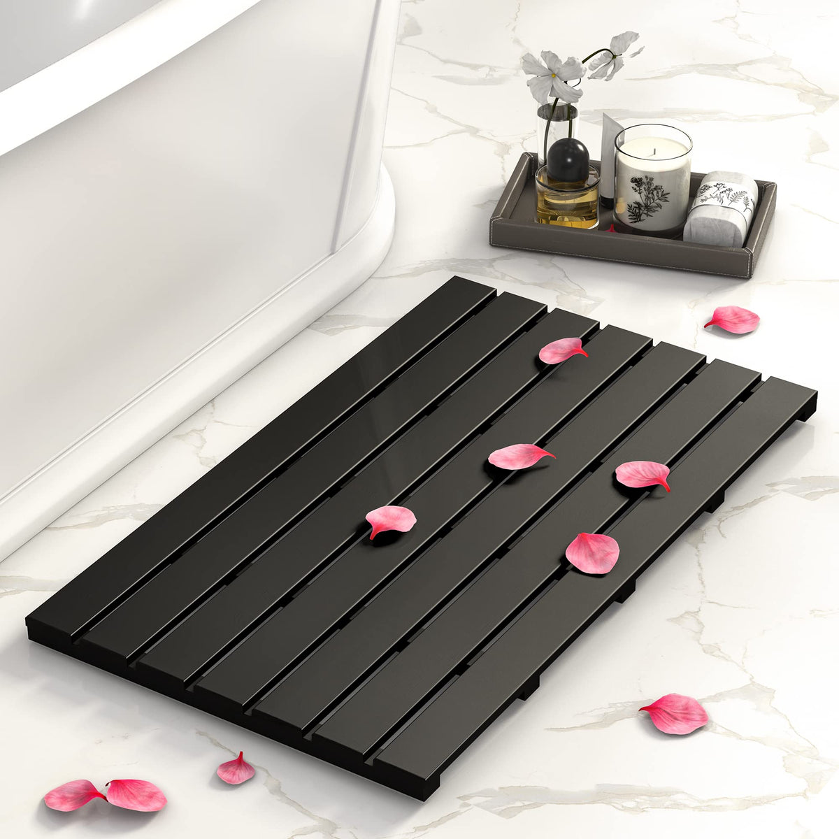Wooden Bamboo Bath Shower Mat (Black / 31.3" x 18.1" (Rectangular))